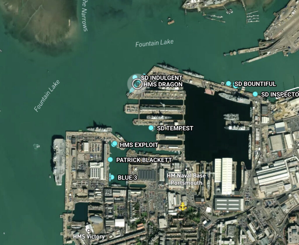 HMS Dragon still in port at Portsmouth Harbour at 18:00GMT, Sunday 8th March
